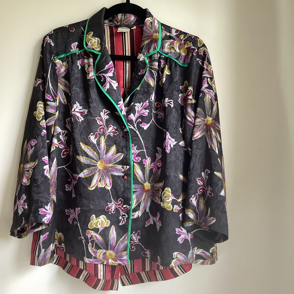 E by Eloise Pajama Shirt Womens Medium Satin Floral Mixed Print Loungewear Comfy